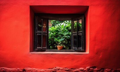 Obraz na płótnie Canvas a window with a potted plant in the window sill. generative ai