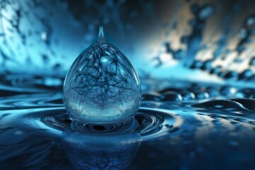 Fractalwaterdrop in blue nature background wtih reflection and high detailed