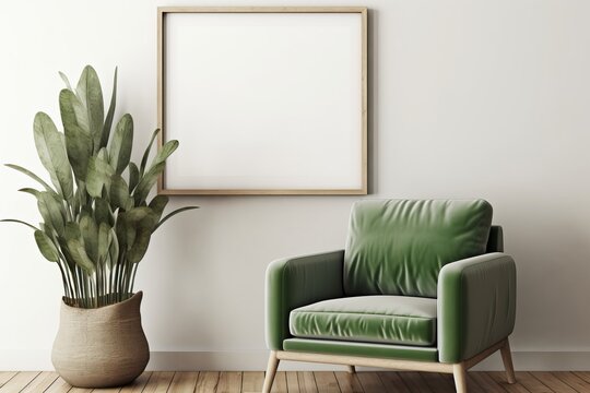 wooden frame template in home interior with green velvet armchair, cushion and snake plant in basket. 3d rendering