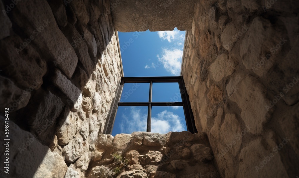 Poster a window in a stone wall with a sky view outside. generative ai