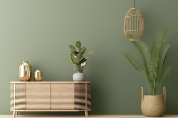 Interior mockup with empty green wall, wooden slat curved sideboars, wicker lantern and trendy plants. 3D rendering