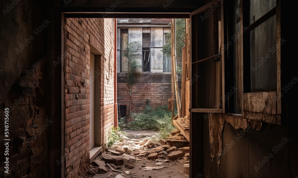 Poster an open doorway leading to a brick building with a broken window. generative ai
