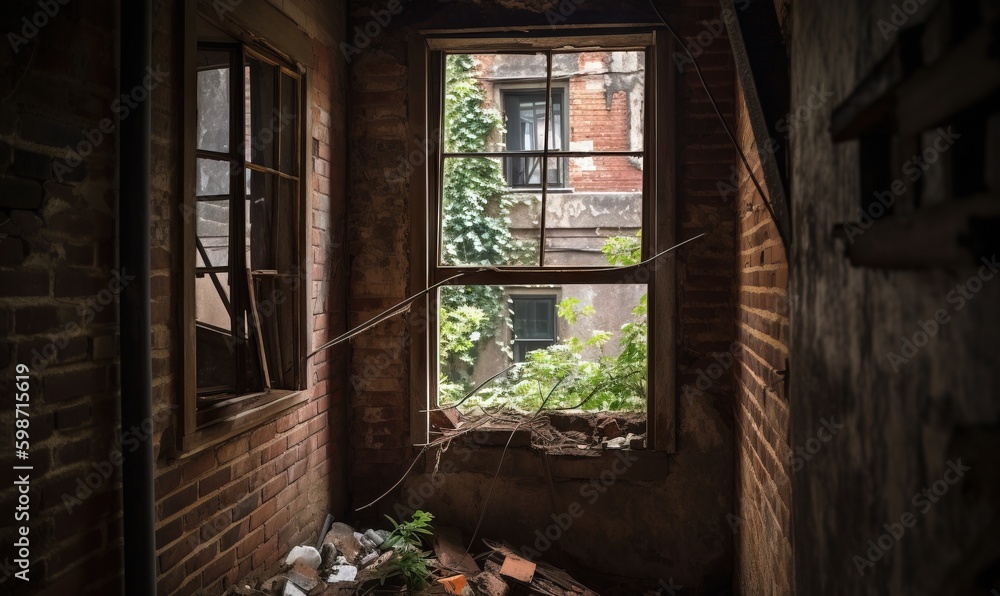 Poster a room with a window and a bunch of trash on the floor. generative ai