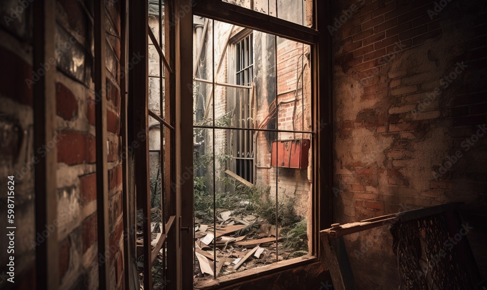 Poster a window with a view of a building outside of it. generative ai