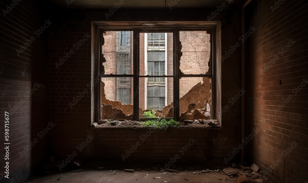 Poster a broken window in an old building with a plant growing out of it. generative ai