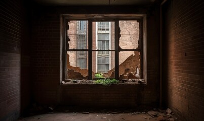  a broken window in an old building with a plant growing out of it.  generative ai