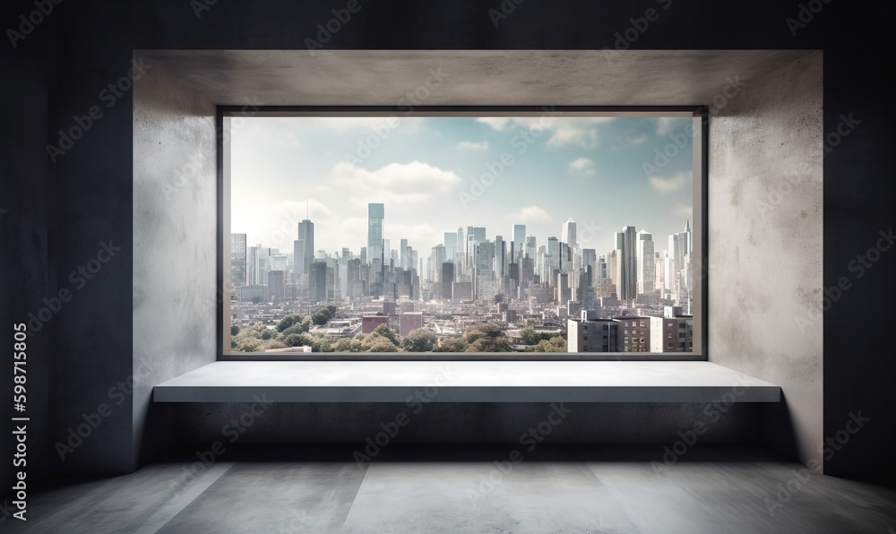Poster a window with a view of a city in the distance. generative ai