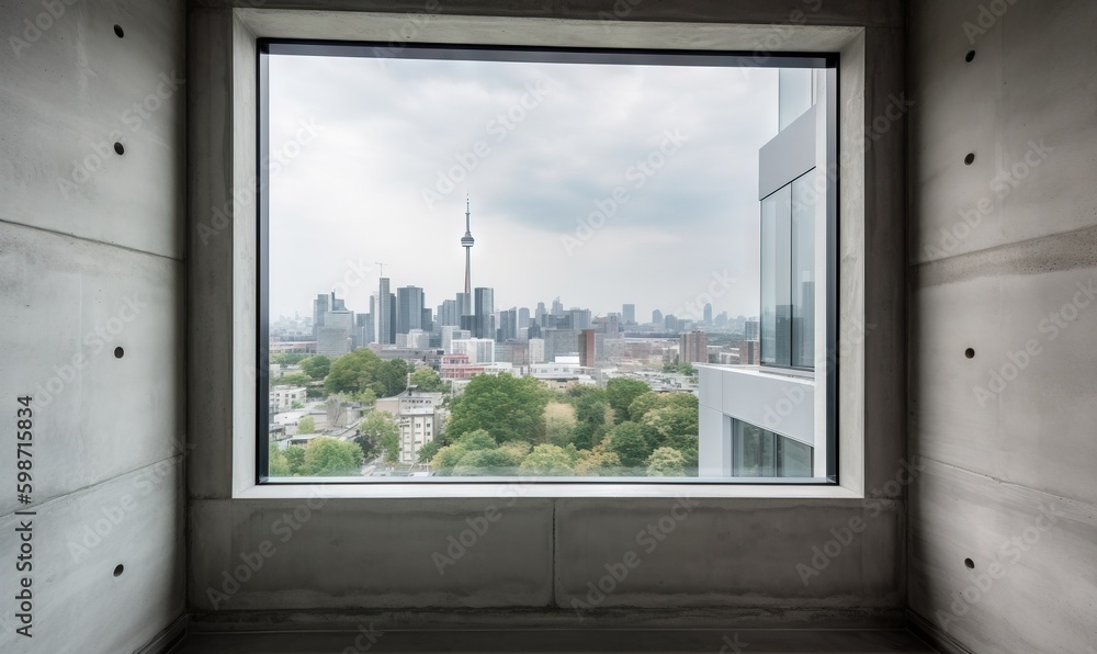 Poster a window with a view of a city from inside a building. generative ai