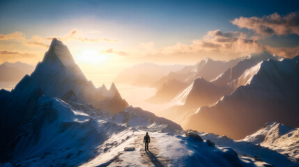 Fototapeta na wymiar A magnificent mountain range at sunrise, the golden light illuminating the snow-capped peaks, a lone hiker stands atop a summit. Generated AI