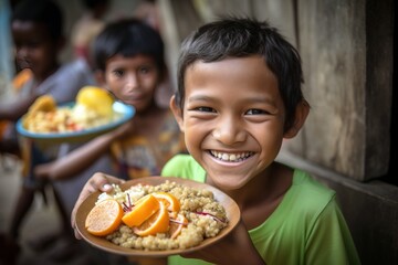 Adorable smiling child in poor conditions happy for having a plate full of food. Generative AI