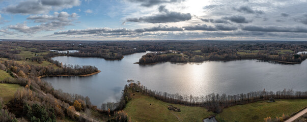 Lake Carmaņa,Latvian countryside, landscape, autumn forest in Latgale.