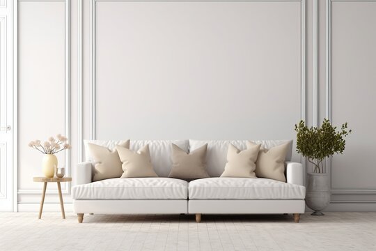 Interior mockup with white sofa, beige pillows and traditional decoration on empty living room wall background. 3D rendering