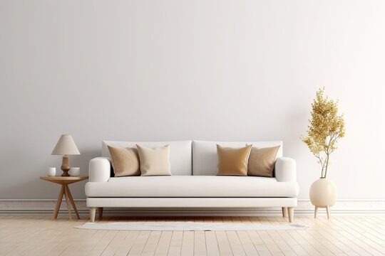 Interior mockup with white sofa, beige pillows and traditional decoration on empty living room wall background. 3D rendering
