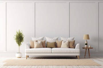 Interior mockup with white sofa, beige pillows and traditional decoration on empty living room wall background. 3D rendering