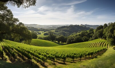 Fototapeta premium a lush green hillside with rows of trees on each side. generative ai