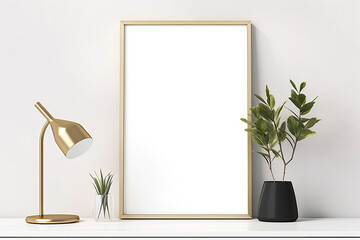 Interior poster mockup with vertical gold metal frame on the shelf with green tree branch in vase and desk lamp on empty white wall background. A4, A3 size format. 3D rendering