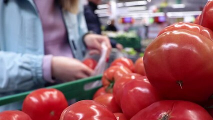 The customer chooses tomatoes in the store. Woman chooses and stacks tomatoes in a plastic bag in a store