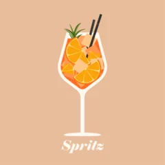 Foto op Plexiglas Aperol spritz cocktail on the beige background. Vector illustration of trendy alcohol drink. Summer cocktail aperitif with oranges and ice cubes © Alina
