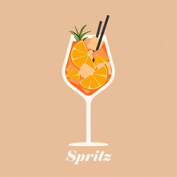 Aperol spritz cocktail on the beige background. Vector illustration of trendy alcohol drink. Summer cocktail aperitif with oranges and ice cubes