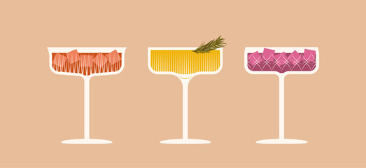 Vector illustration of a cocktails in crystal glasses with decoration. Festive glamour drinks in coupe glasses - obrazy, fototapety, plakaty