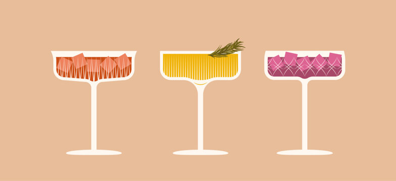 Vector illustration of a cocktails in crystal glasses with decoration. Festive glamour drinks in coupe glasses