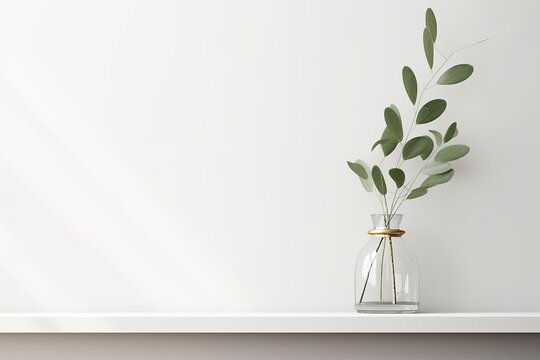 Interior wall mockup with green eucalyptus branch in bottle standing on the shelf on empty white background with free space. 3D rendering