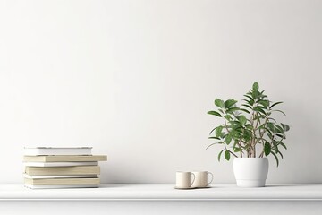 Interior wall mockup with green plant in pot and pile of books with cup on empty white background with free space on center. 3D rendering