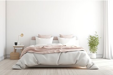 Fototapeta na wymiar Light, cute and cozy home bedroom interior with unmade bed, pink plaid and cushions on empty white wall background. 3D rendering.