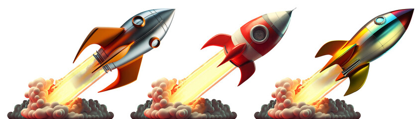 A collection of launched rockets isolated on clear PNG background, made of precious metal. Successful start concept. - obrazy, fototapety, plakaty