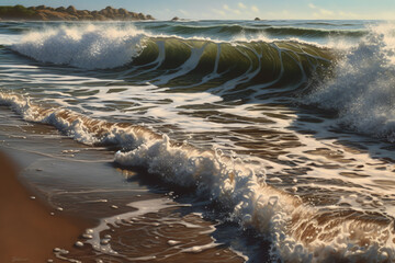 A serene beach scene with big waves. generative AI