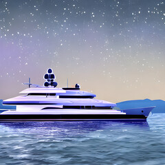 A Yacht of Dreams. A Mesmerizing Illustration of a Superyacht Gliding through a Starry Night Sky Generative AI.