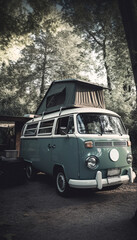 Vintage van for camping and traveling on a forest road, generated AI