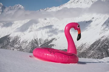 Foto auf Acrylglas Antireflex Pink inflatable flamingo on snow against the backdrop of winter mountain peaks © Annatamila