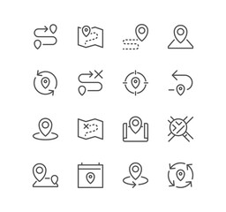 Set of route related icons, pin, route map, navigator, direction and linear variety symbols.	
