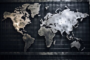 illustration, world map on metal plate, generative ai