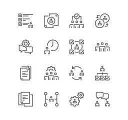 Set of human resources related icons, recruitment, office management, company structure and linear variety symbols.	