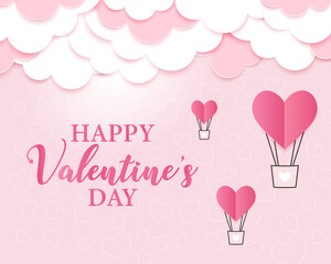 Valentine's Day postcard template with heart shaped balloons and bow on pink background. Holiday vector illustration