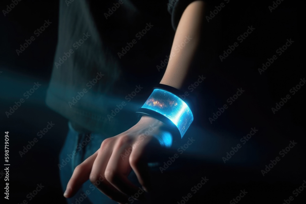 Poster futuristic smart device with glowing hologram display on human hand. virtual reality technology in r