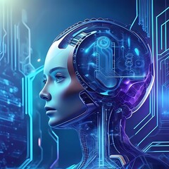 robter x künstliche Intelligenz AI, halb mensch halb Roboter zukunft blau lila