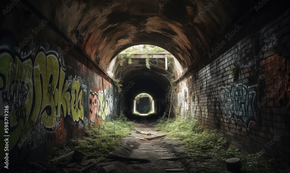 Poster a dark tunnel with graffiti on the walls and a light at the end. generative ai