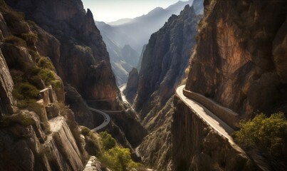  a winding road in a canyon with mountains in the background. generative ai
