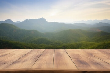 Fototapeta na wymiar Empty wooden table with blurred mountain landscape background. Wooden planks with space for product design. Created with Generative AI