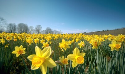 Fototapeta premium a field full of yellow flowers with trees in the background. generative ai