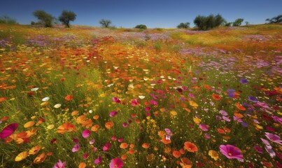  a field full of colorful flowers with trees in the background.  generative ai