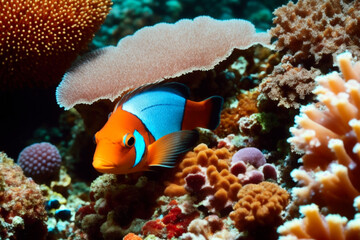 Naklejka na ściany i meble Clownfish and a flock of tropical fish in a coral reef. Life in the coral reef underwater. Wildlife concept of ecological environment. Generative AI