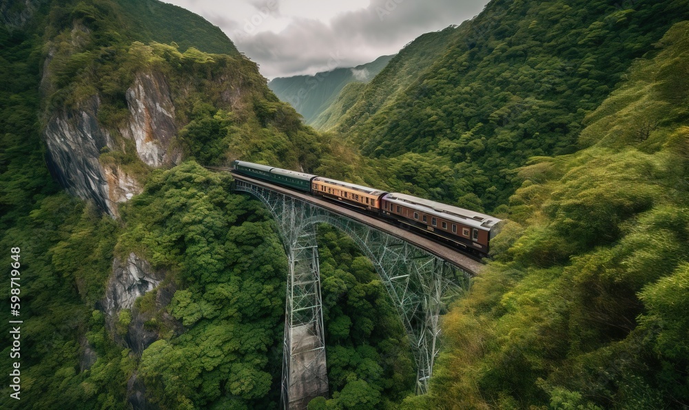 Poster a train traveling over a bridge in the middle of a forest. generative ai