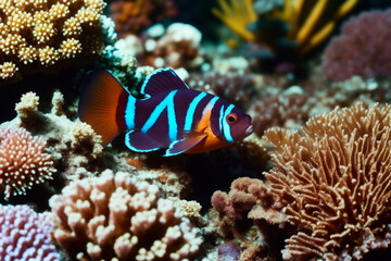 Plakat Clownfish and a flock of tropical fish in a coral reef. Life in the coral reef underwater. Wildlife concept of ecological environment. Generative AI