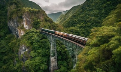  a train traveling over a bridge in the middle of a forest.  generative ai