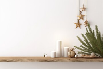 wooden frame mockup with hanging pine branch, pinecone and candles on shelf on empty white wall background. Minimal Christmas interior decoration. 3d rendering