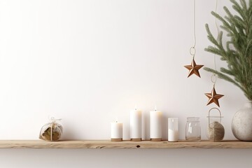 wooden frame mockup with hanging pine branch, pinecone and candles on shelf on empty white wall background. Minimal Christmas interior decoration. 3d rendering